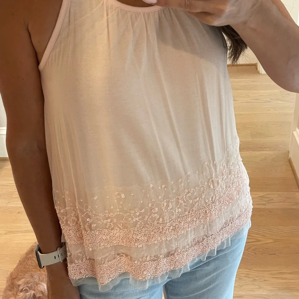 LOFT pink sequin beaded tulle tank cami top ballet peach pink size small - Picture 7 of 7